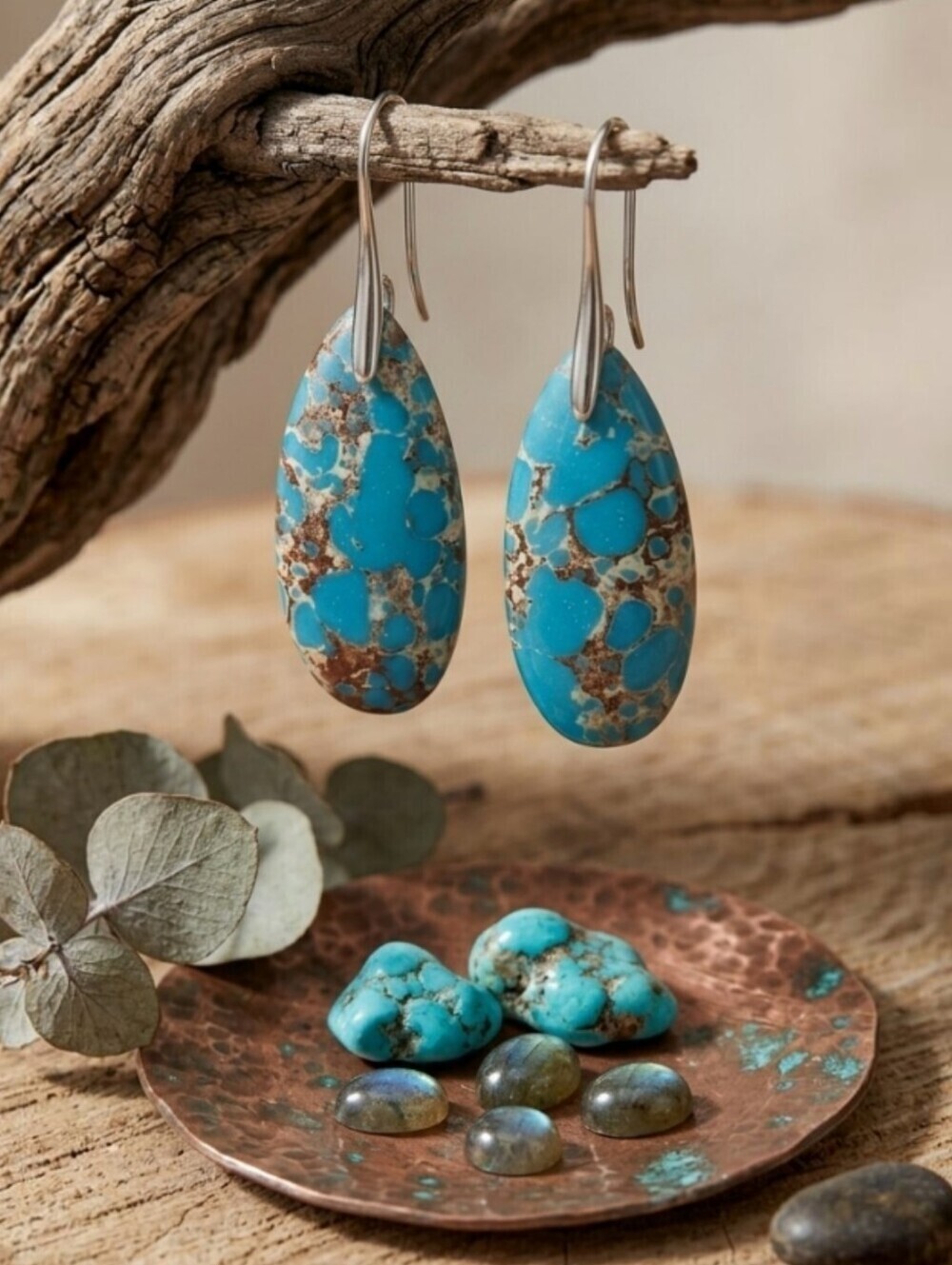 Sea Sediment Jasper Teardrop Dangle Earrings Teal Turquoise Boho Coastal 2in